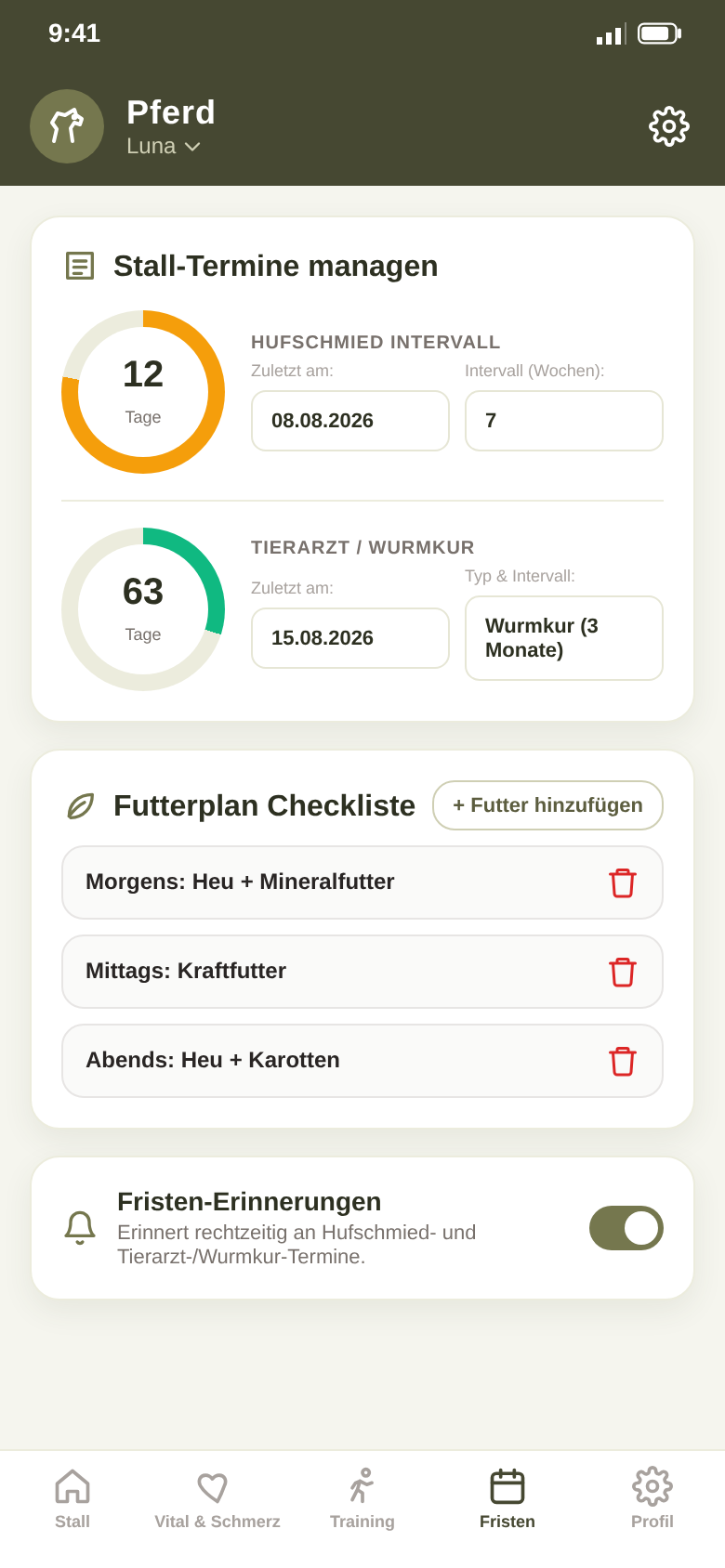 Stall-Termine mit Hufschmied-Intervall, Wurmkur, Futterplan-Checkliste und eingeschalteten Erinnerungen