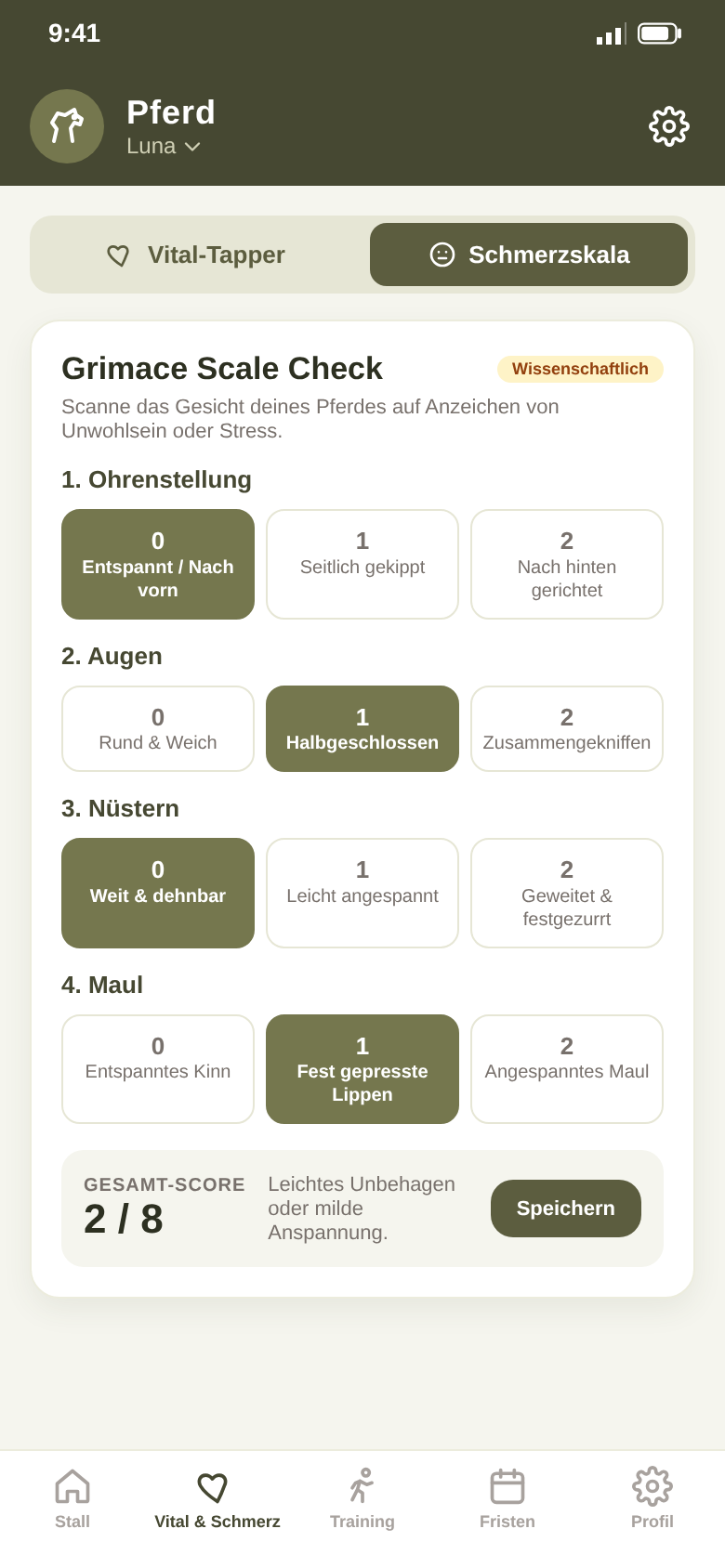 Grimace-Scale-Check mit Ohrenstellung, Augen, Nüstern und Maul und einem Gesamt-Score von 2 von 8