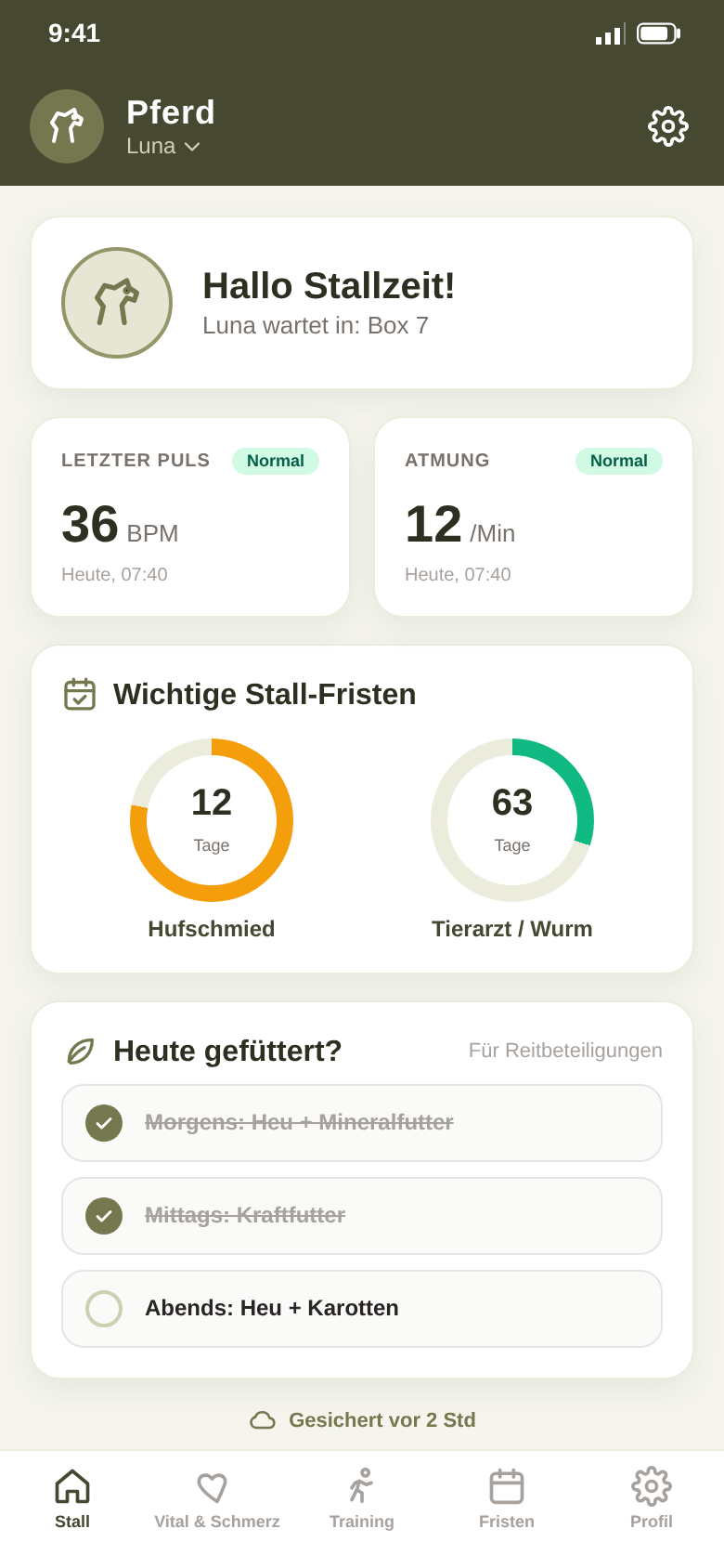 Stall-Übersicht mit letztem Puls, Atmung, Fristen-Ringen für Hufschmied und Tierarzt und der Futter-Checkliste