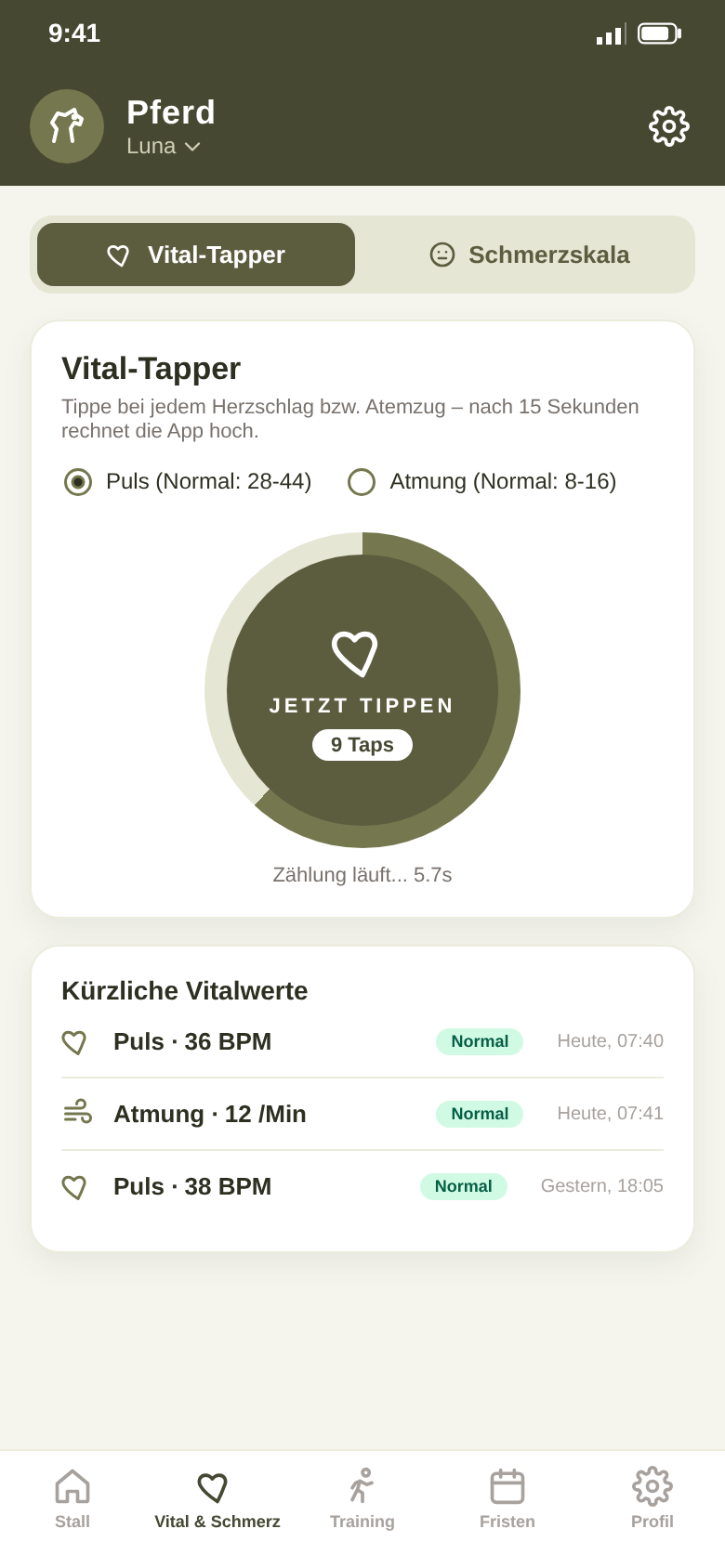 Vital-Tapper mit laufender 15-Sekunden-Messung und der Liste der letzten Vitalwerte